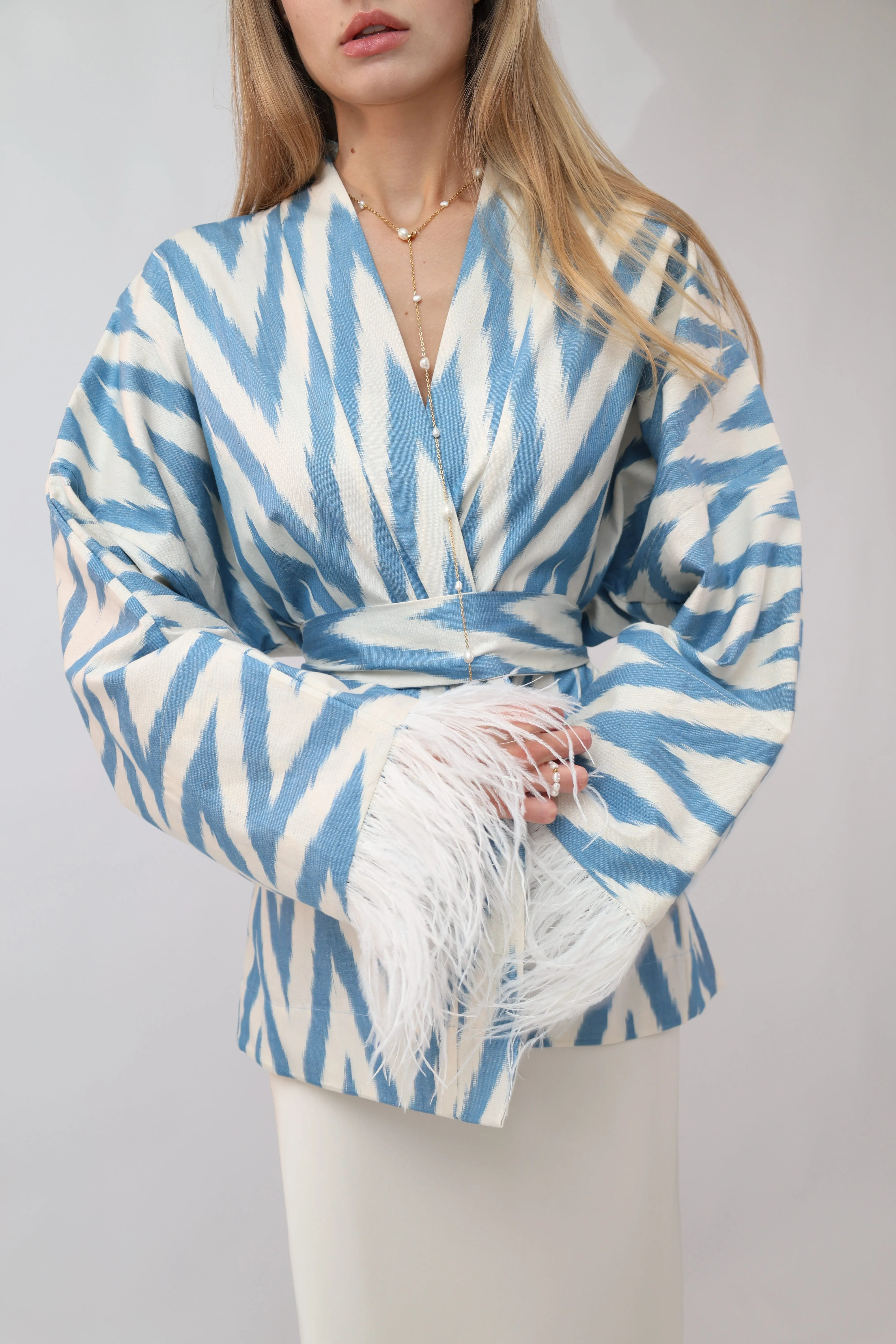 100% Cotton Blue Mini Zig Zag Kimono With Feathers