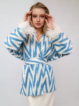 100% Cotton Blue Mini Zig Zag Kimono With Feathers