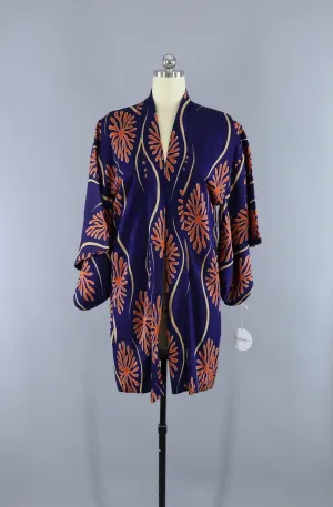 1930s Vintage Silk Haori Kimono Jacket Cardigan / Blue & Orange Coral