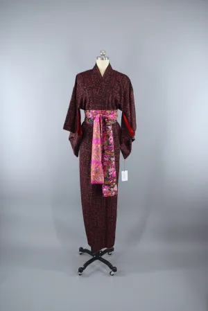 1930s Vintage Silk Kimono Robe / Black and Salmon Pink Print