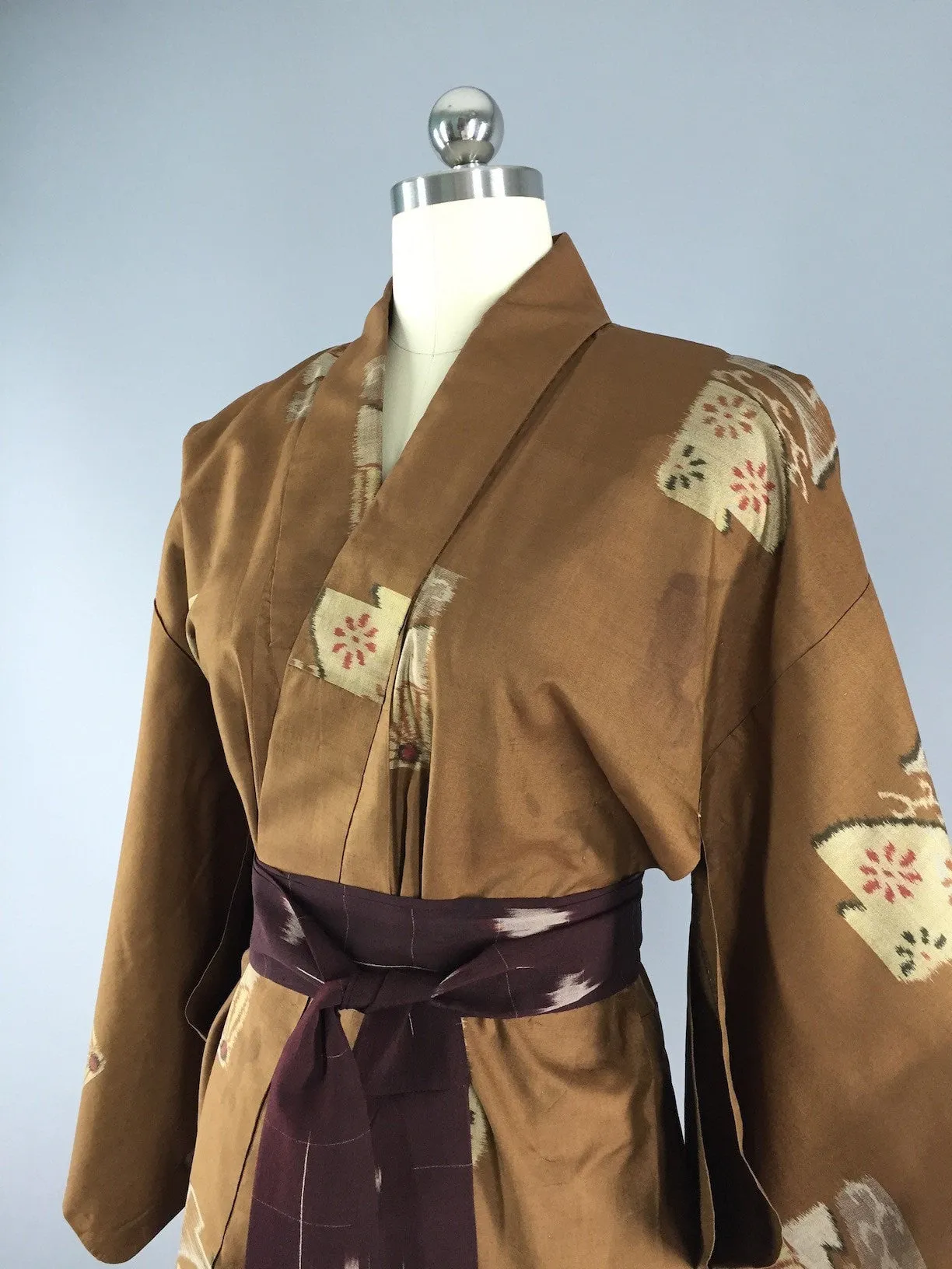 1940s Vintage Silk Kimono Robe, Brown Ikat Fans Floral