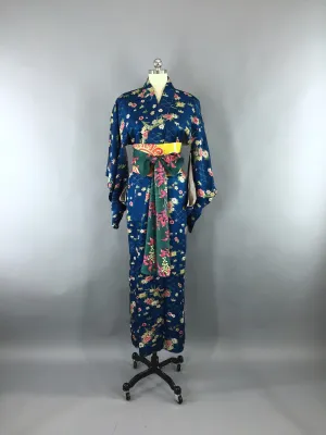 1950s Vintage Silk Kimono Robe / Blue Satin Floral Print