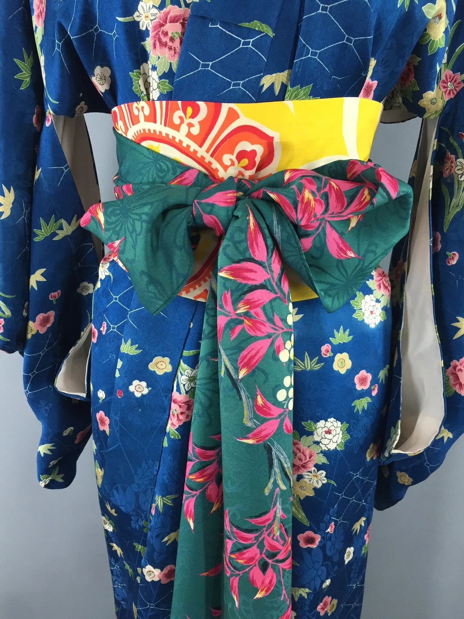 1950s Vintage Silk Kimono Robe / Blue Satin Floral Print