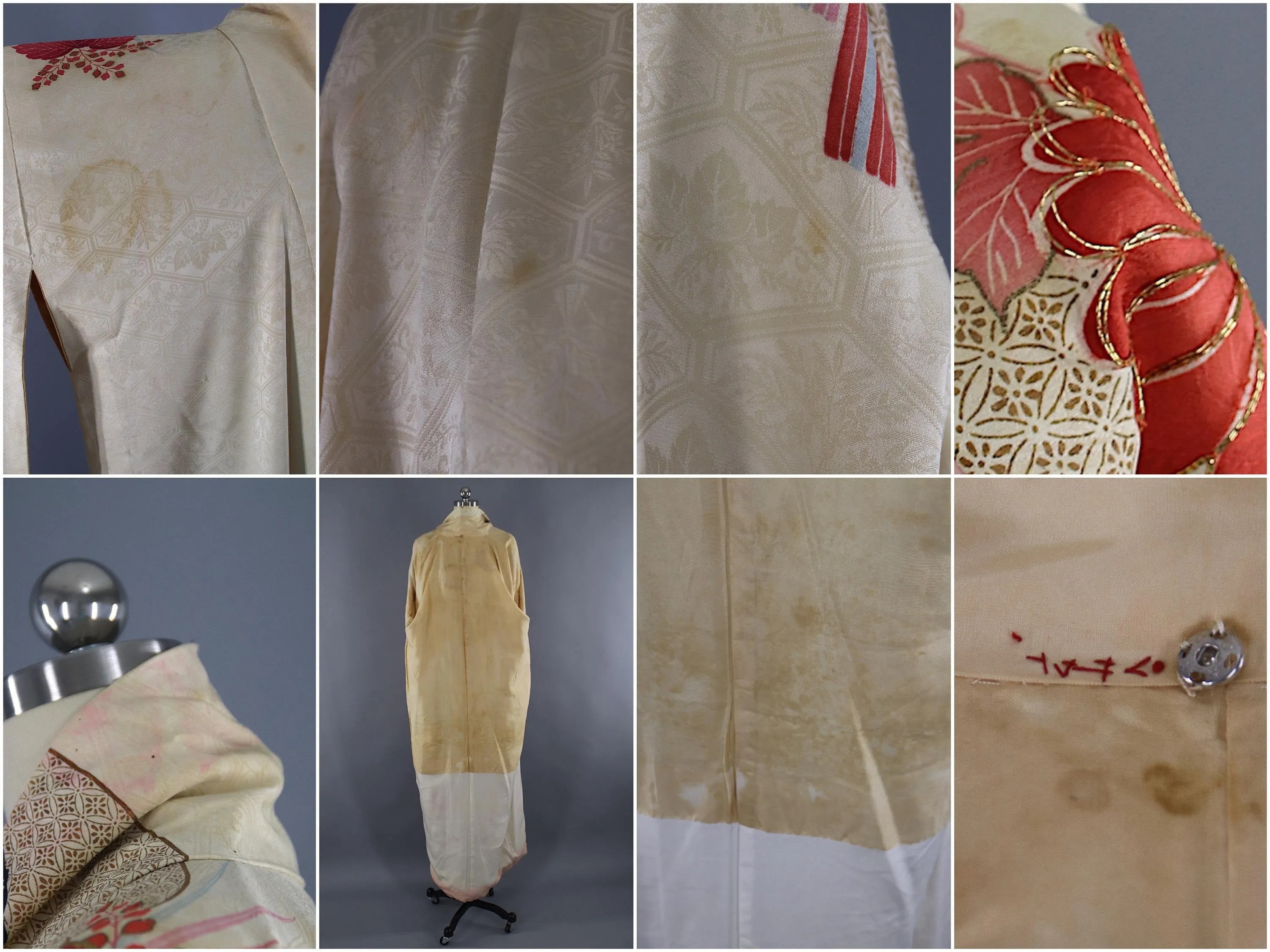 1960s Vintage Silk Kimono Robe / Ivory Pink Floral Furisode