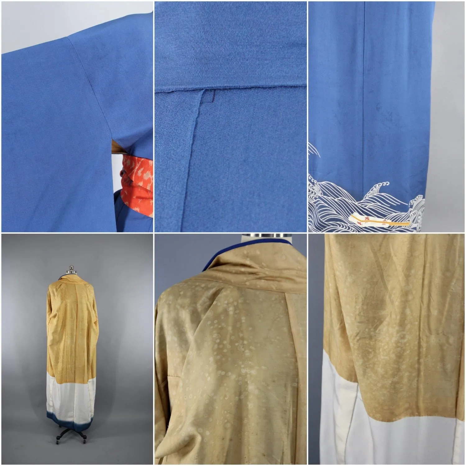 1960s Vintage Silk Kimono Robe with Blue Waves