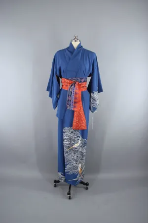 1960s Vintage Silk Kimono Robe with Blue Waves