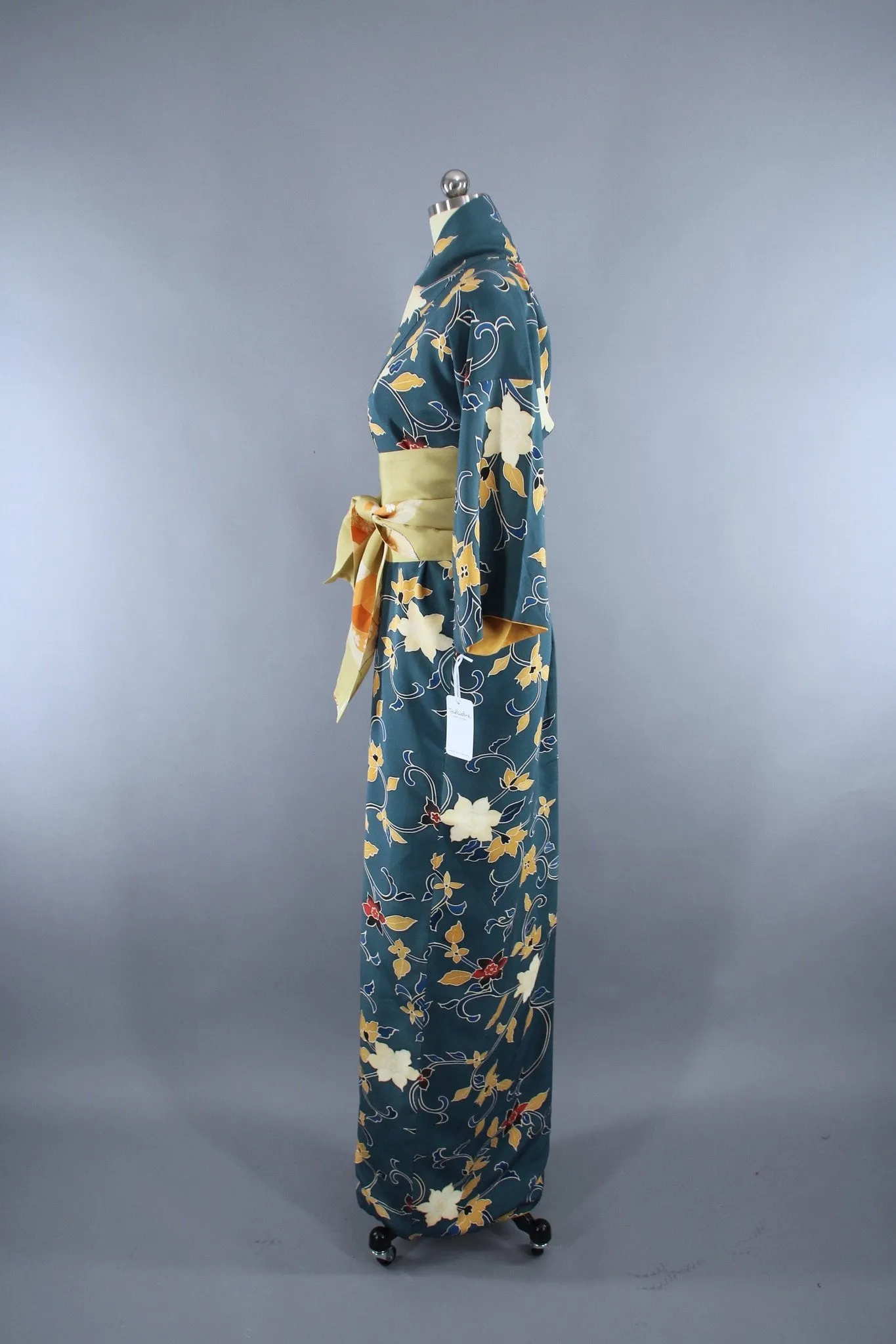 1970s Vintage Silk Kimono Robe with Teal Blue Floral Print
