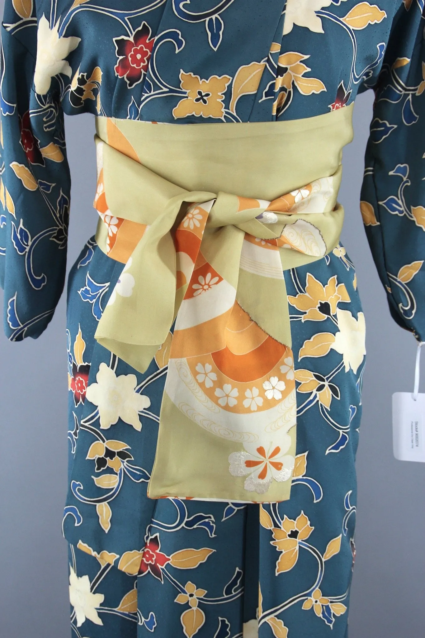 1970s Vintage Silk Kimono Robe with Teal Blue Floral Print