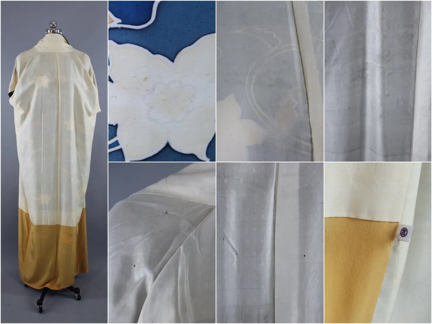 1970s Vintage Silk Kimono Robe with Teal Blue Floral Print