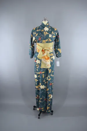 1970s Vintage Silk Kimono Robe with Teal Blue Floral Print