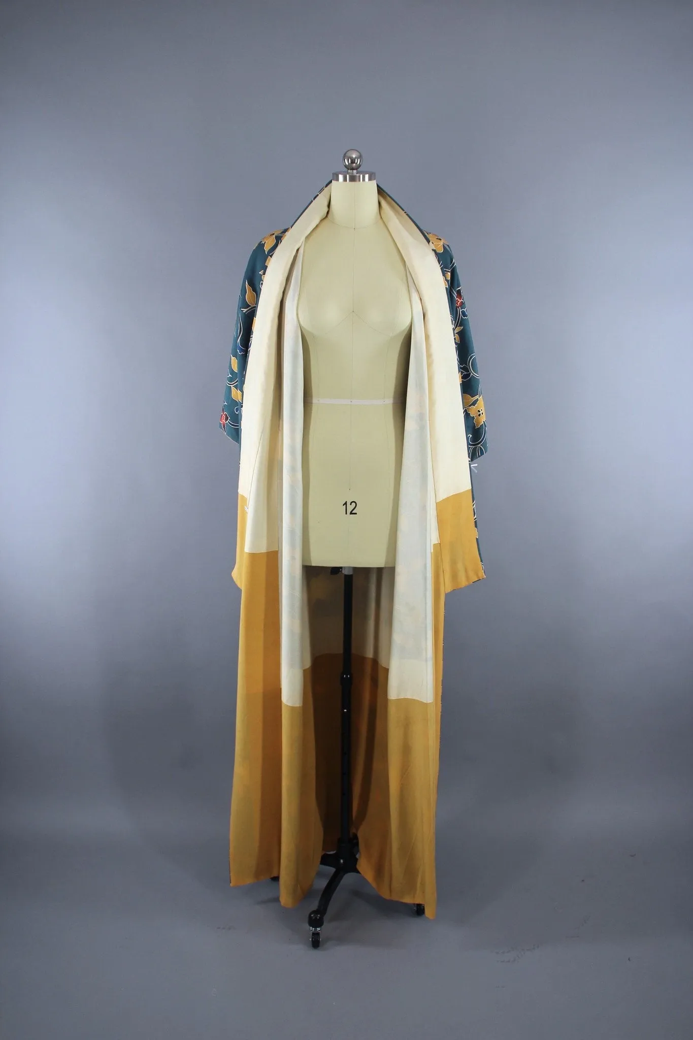 1970s Vintage Silk Kimono Robe with Teal Blue Floral Print