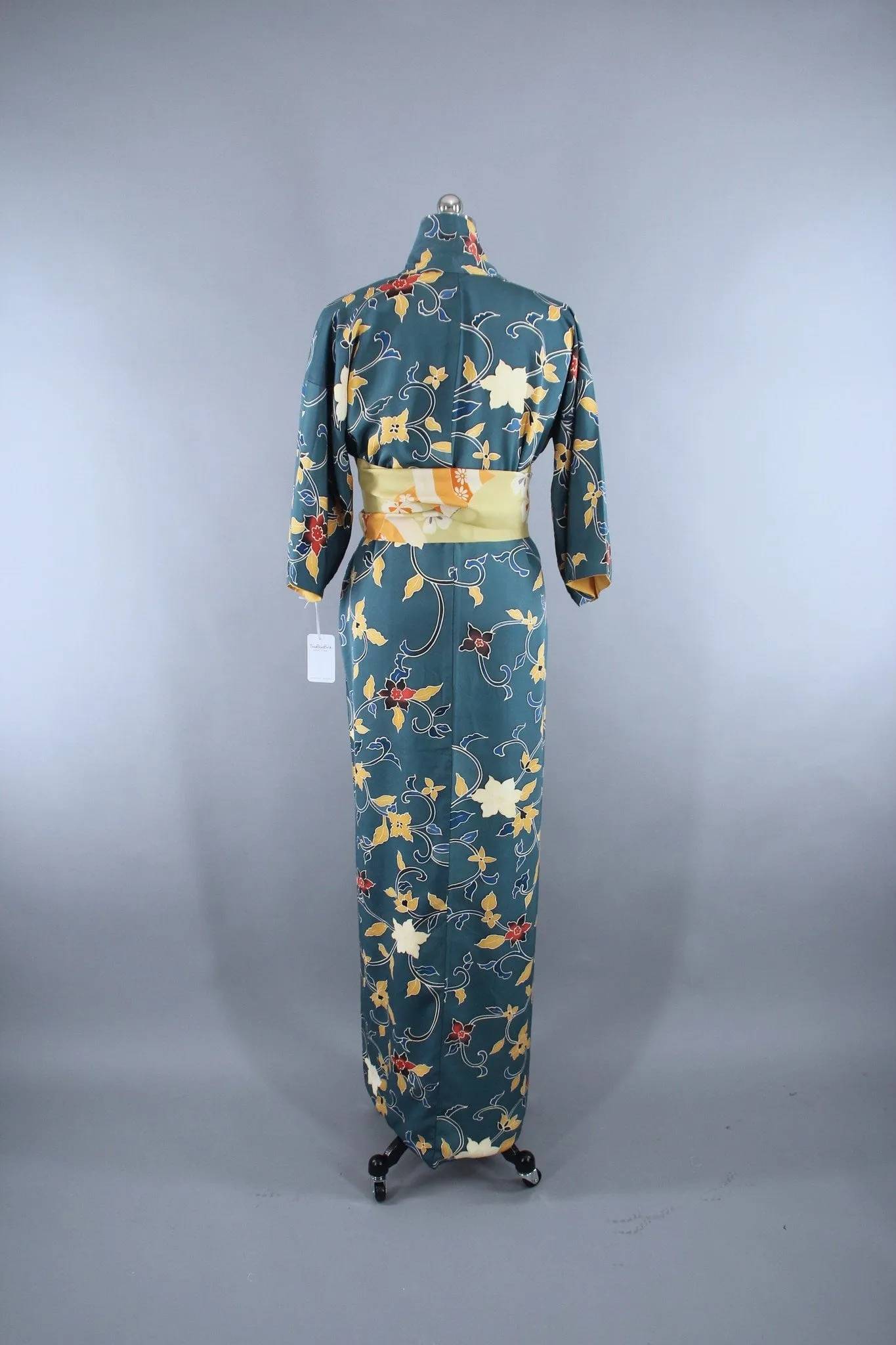 1970s Vintage Silk Kimono Robe with Teal Blue Floral Print