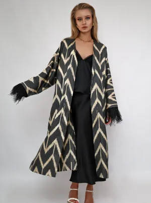 85% Silk Black Maxi Kimono With Feathers "Midnight Enchantment"