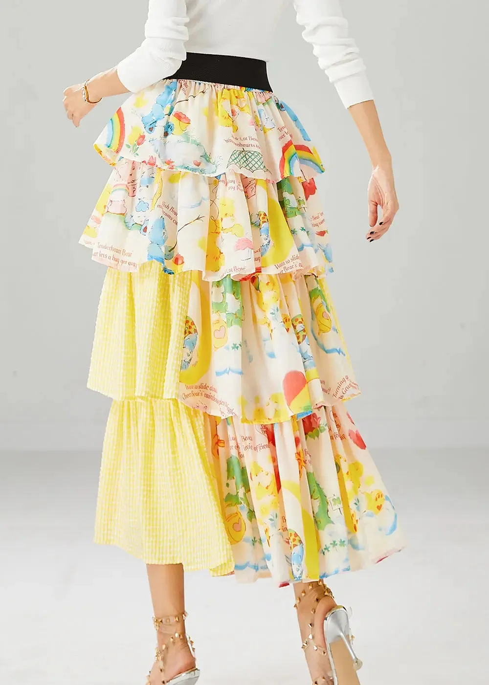 Art Yellow Layered Patchwork Ruffles Cotton Skirt Summer ML0500