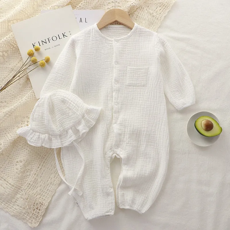 Baby Jumpsuit Hat Long Sleeve Cotton Toddler Romper for Boys Girls Solid Color Spring Autumn Baby Clothes Newborn Onesie