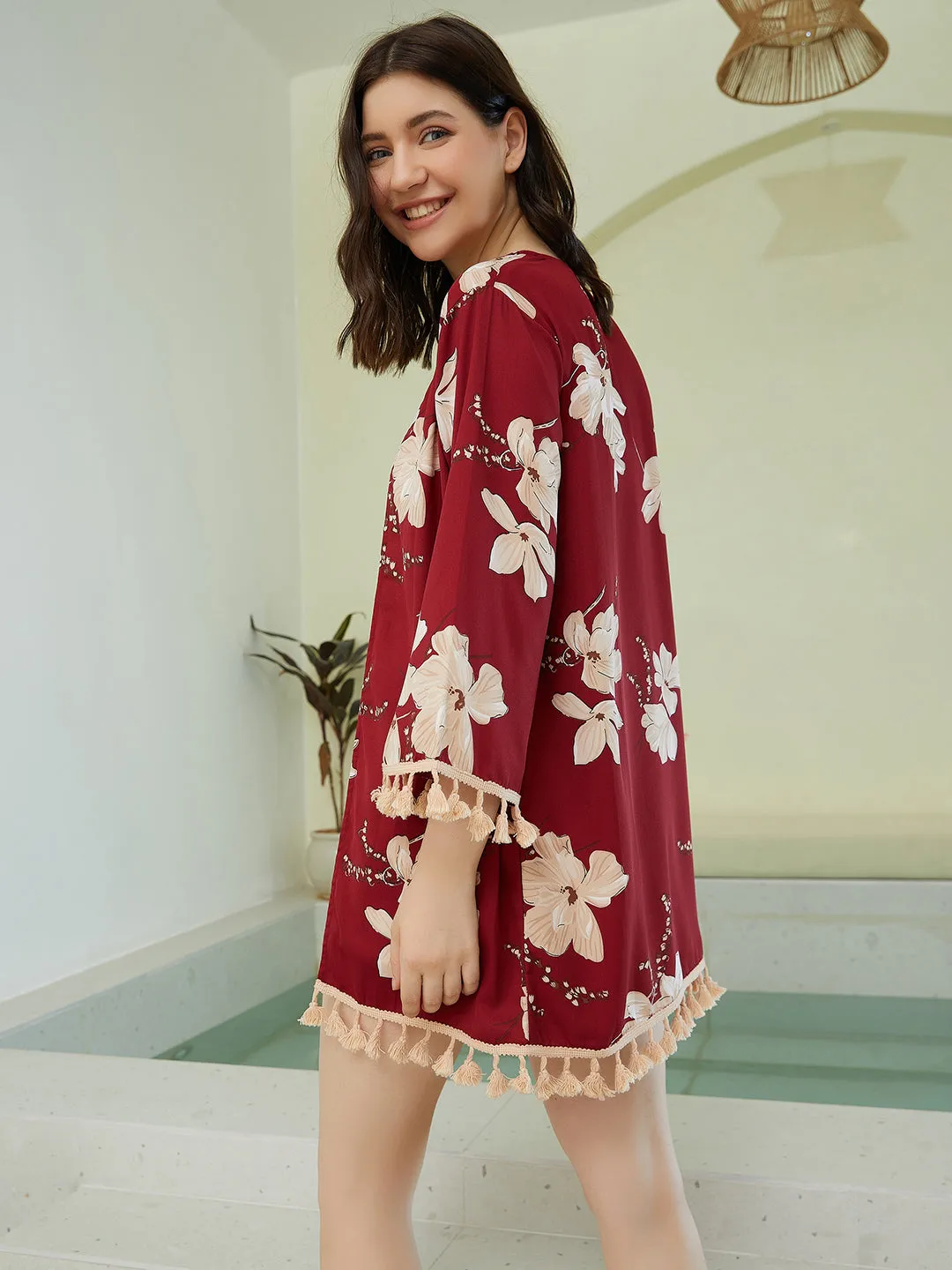 Berrylush Women Maroon & Beige Floral Printed Open-Front Neck Straight Hem Tasselled Longline Kimono