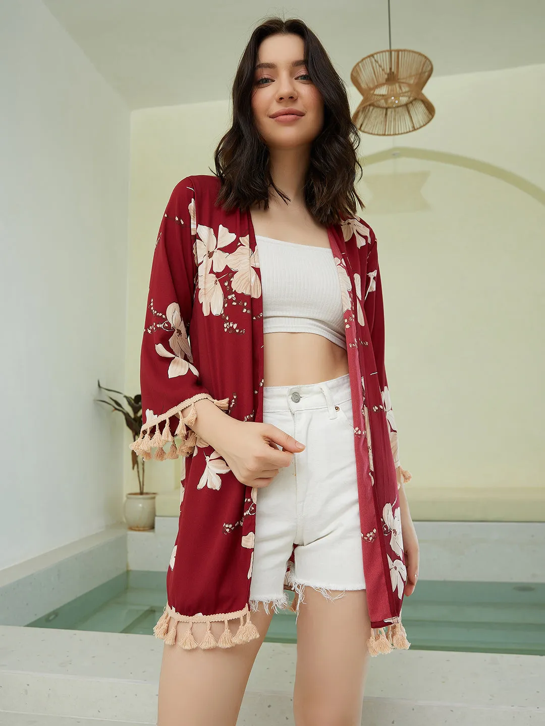 Berrylush Women Maroon & Beige Floral Printed Open-Front Neck Straight Hem Tasselled Longline Kimono