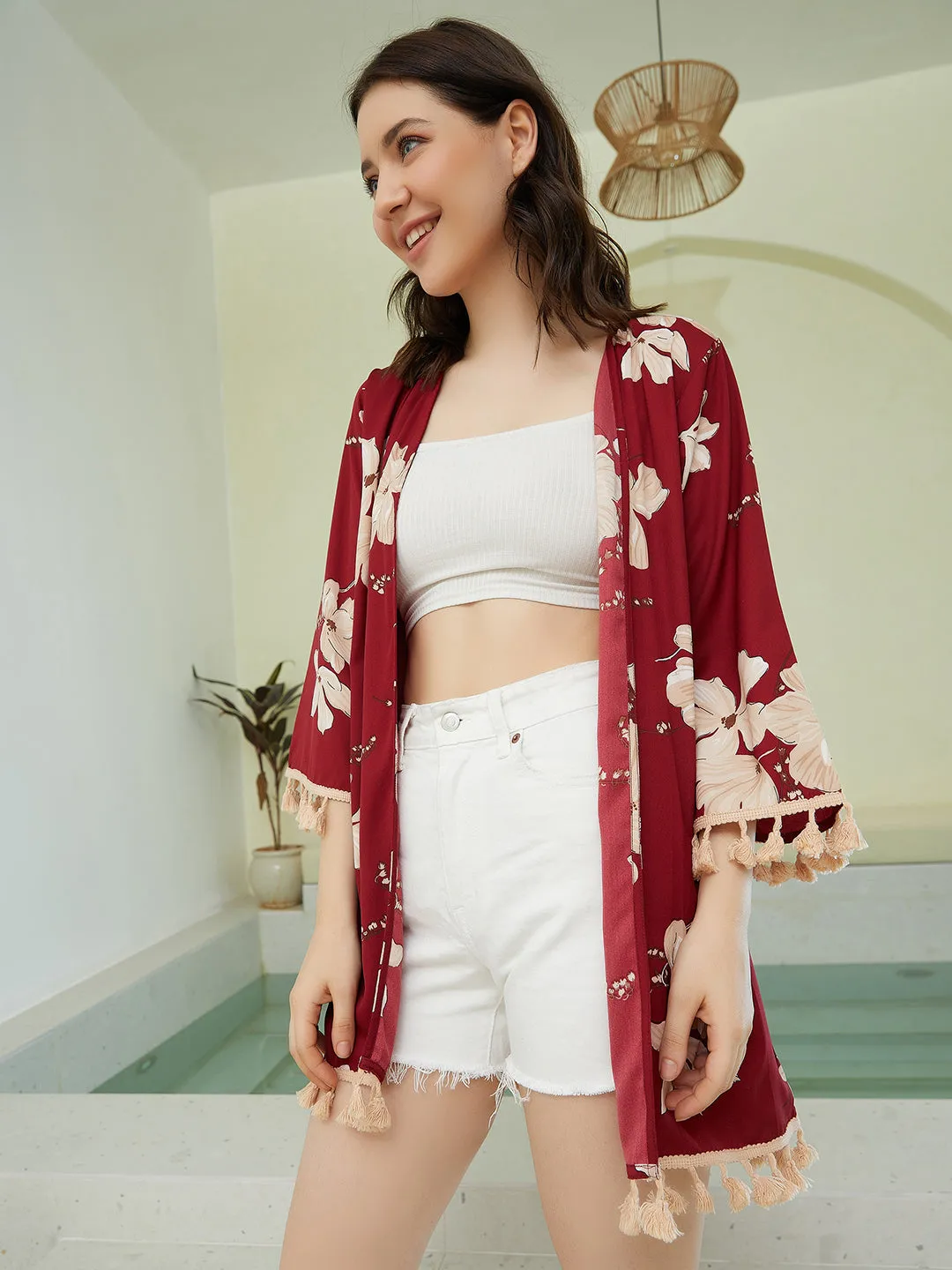 Berrylush Women Maroon & Beige Floral Printed Open-Front Neck Straight Hem Tasselled Longline Kimono