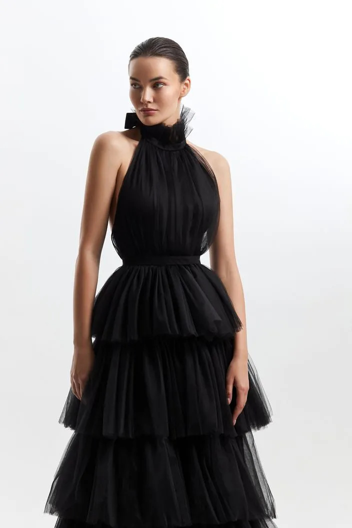 Black Halter Neck Tie Up frilled Evening Dress