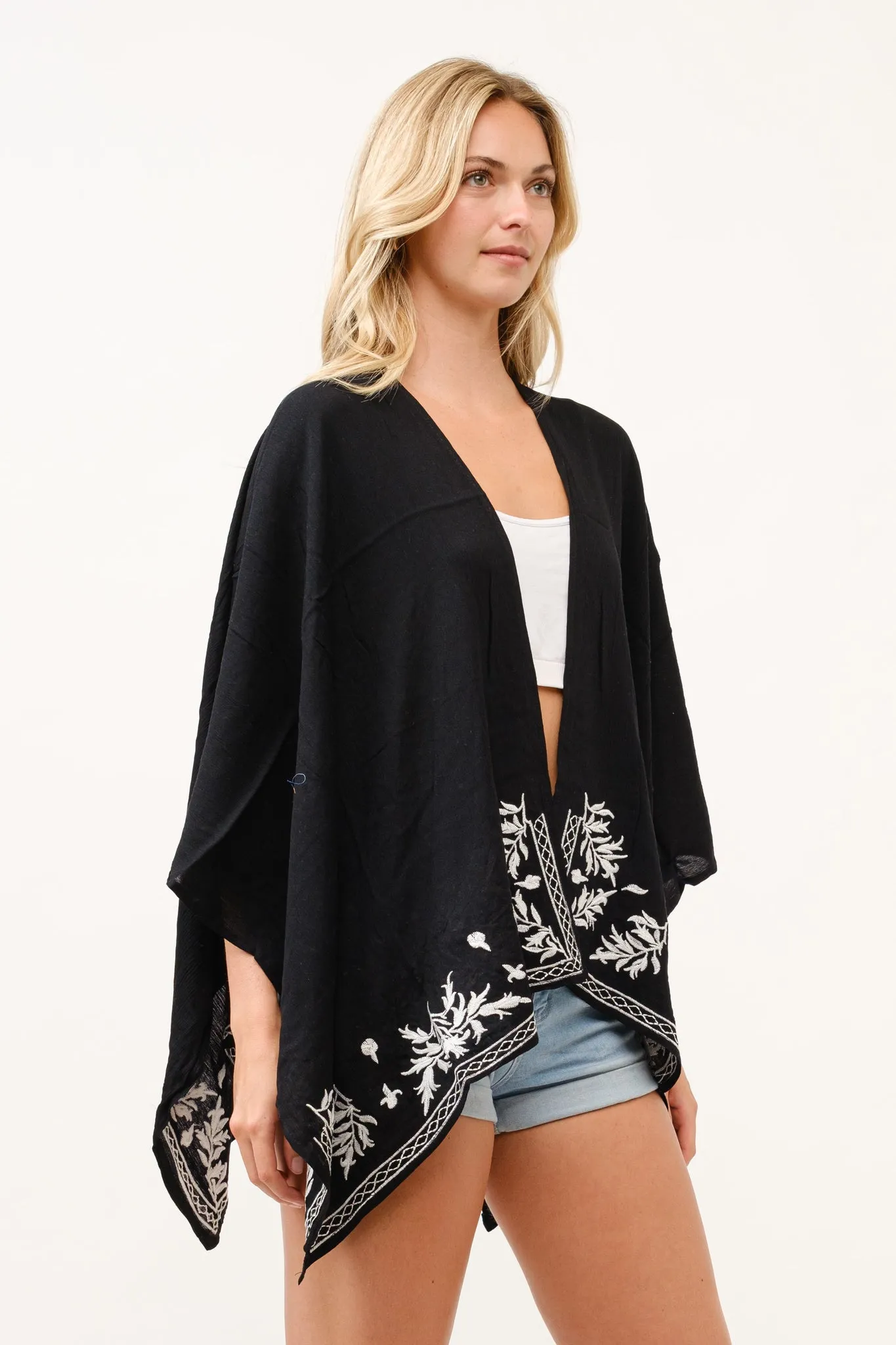 Black Kimono w/ White Embroidery Details
