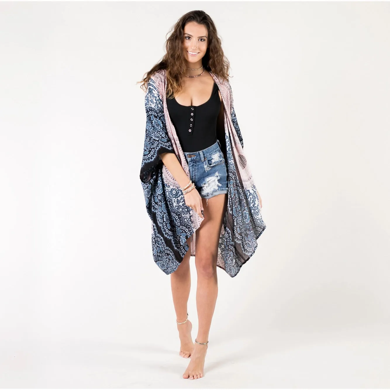 Bohemian Summer Kimono in Pink and Navy Mandala Print by Lotus & Luna