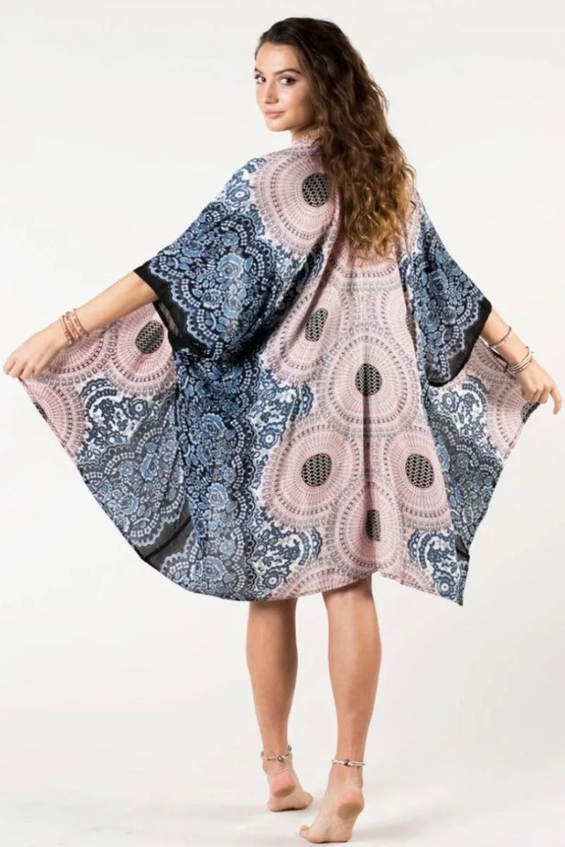 Bohemian Summer Kimono in Pink and Navy Mandala Print by Lotus & Luna