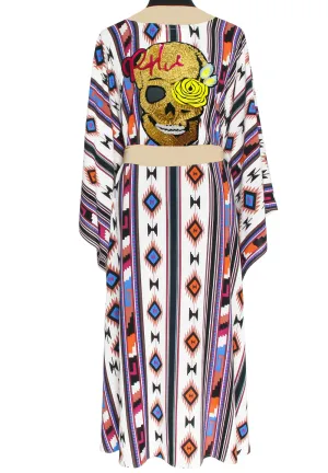 Boho - Blue Navajo Kimono Skull (Beige)