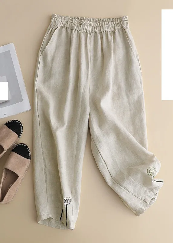 Brief Khaki Embroideried High Waist Solid Linen Harem Pants Summer LY4441