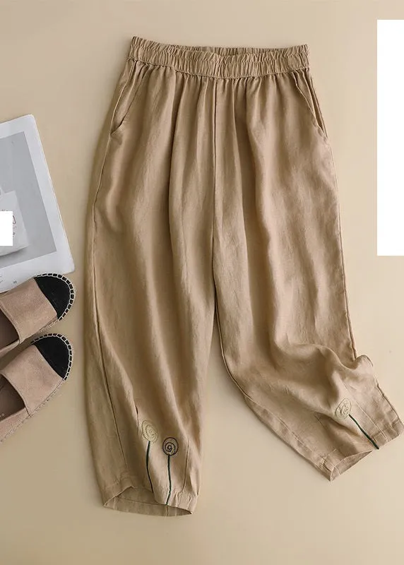 Brief Khaki Embroideried High Waist Solid Linen Harem Pants Summer LY4441