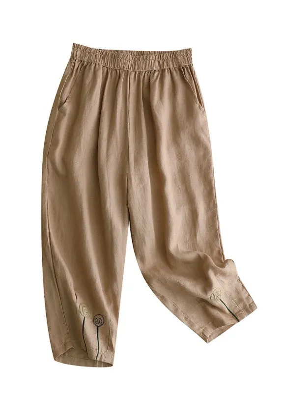 Brief Khaki Embroideried High Waist Solid Linen Harem Pants Summer LY4441