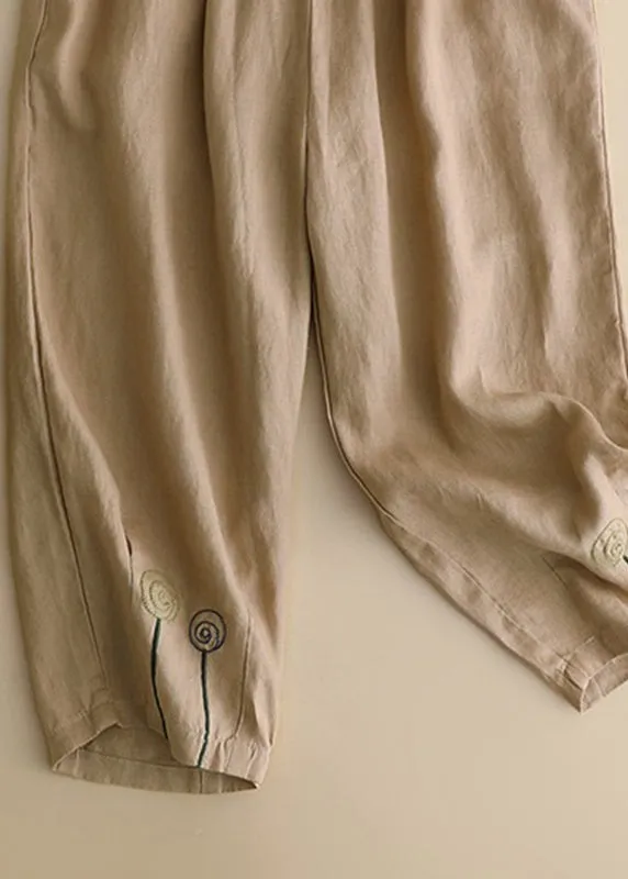 Brief Khaki Embroideried High Waist Solid Linen Harem Pants Summer LY4441