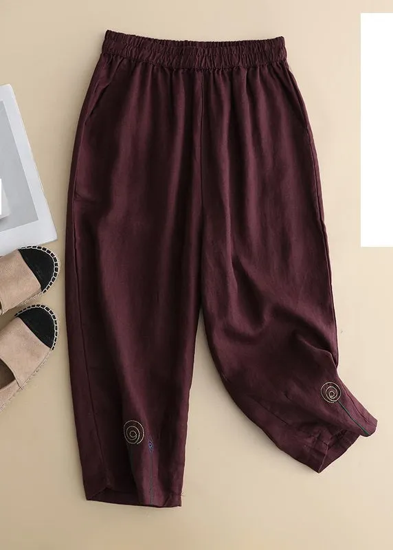 Brief Khaki Embroideried High Waist Solid Linen Harem Pants Summer LY4441