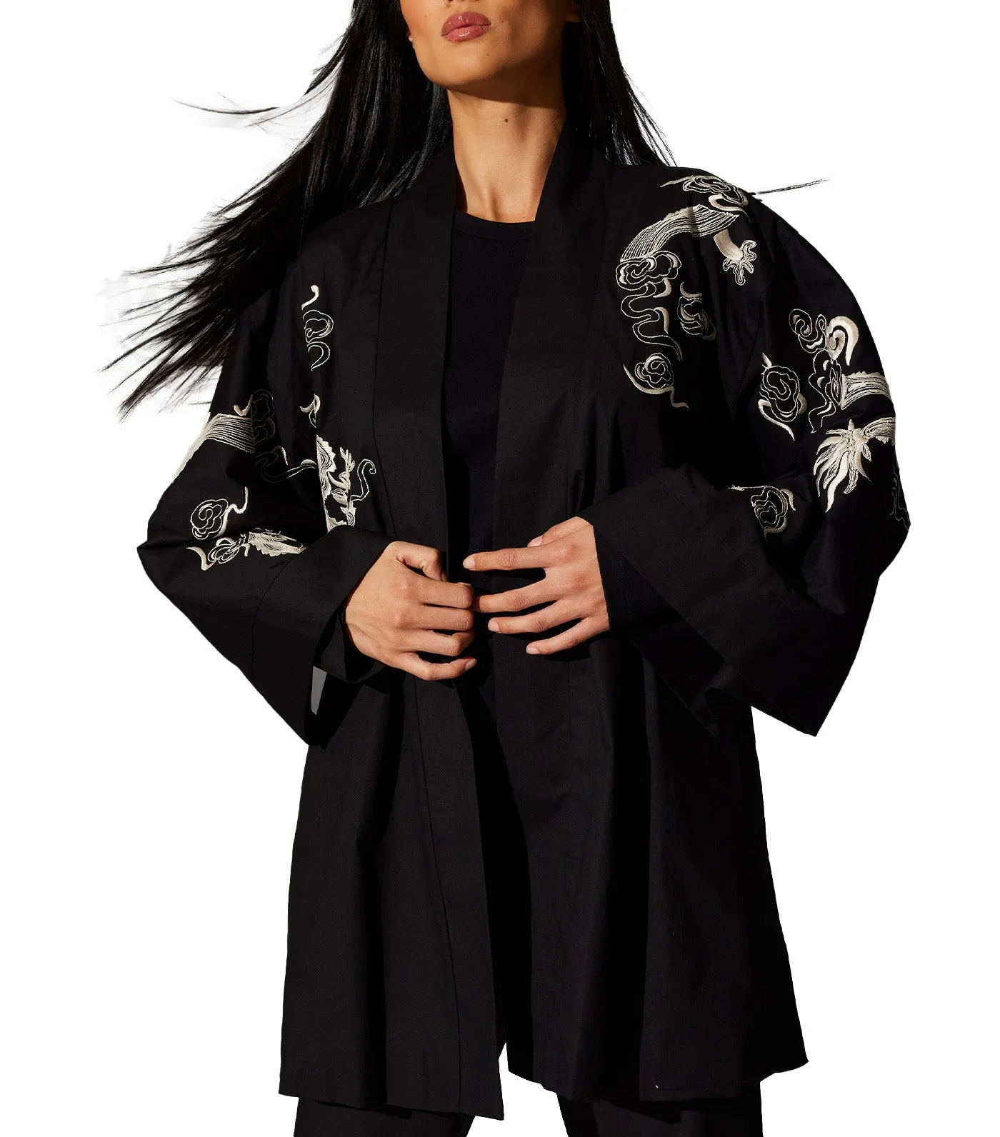 Dragon Techno Poplin Kimono Black