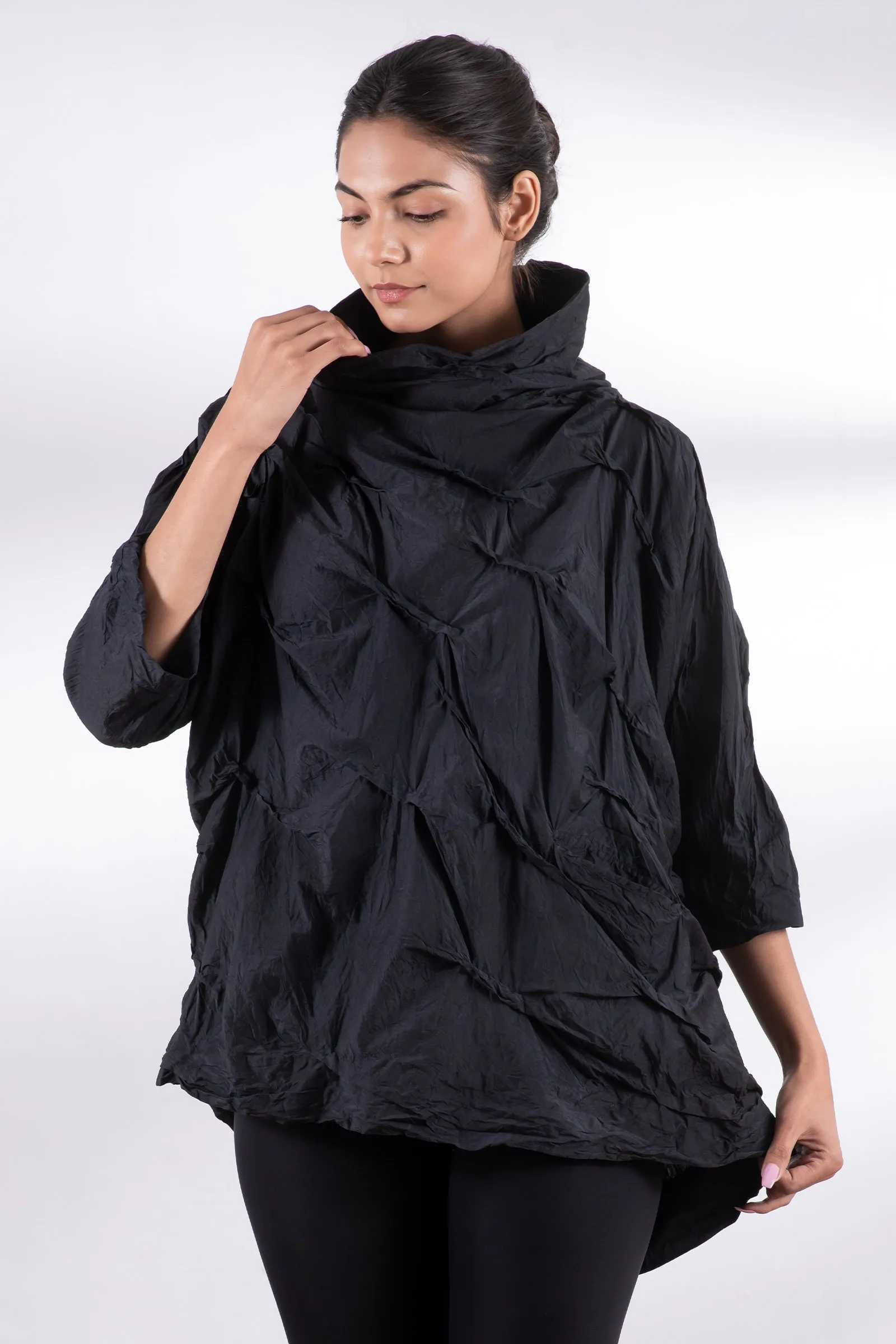 DYED COTTON SILK HEAVY VOILE WAVY TUCK PULLOVER - dh1552-blk -