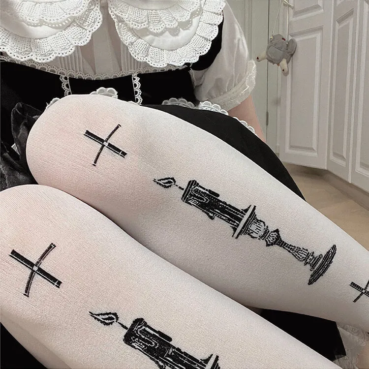 Flamed Candle Cross Jacquard Velvet Tights