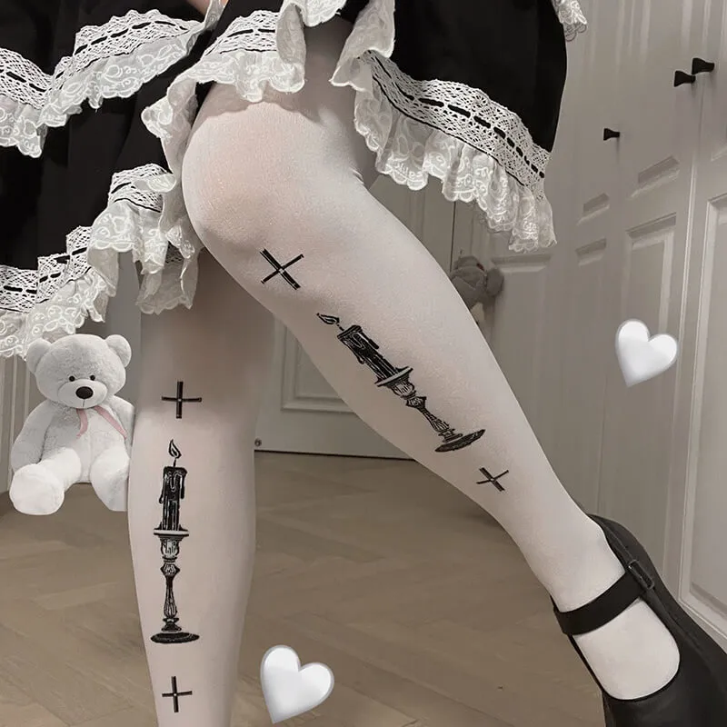 Flamed Candle Cross Jacquard Velvet Tights