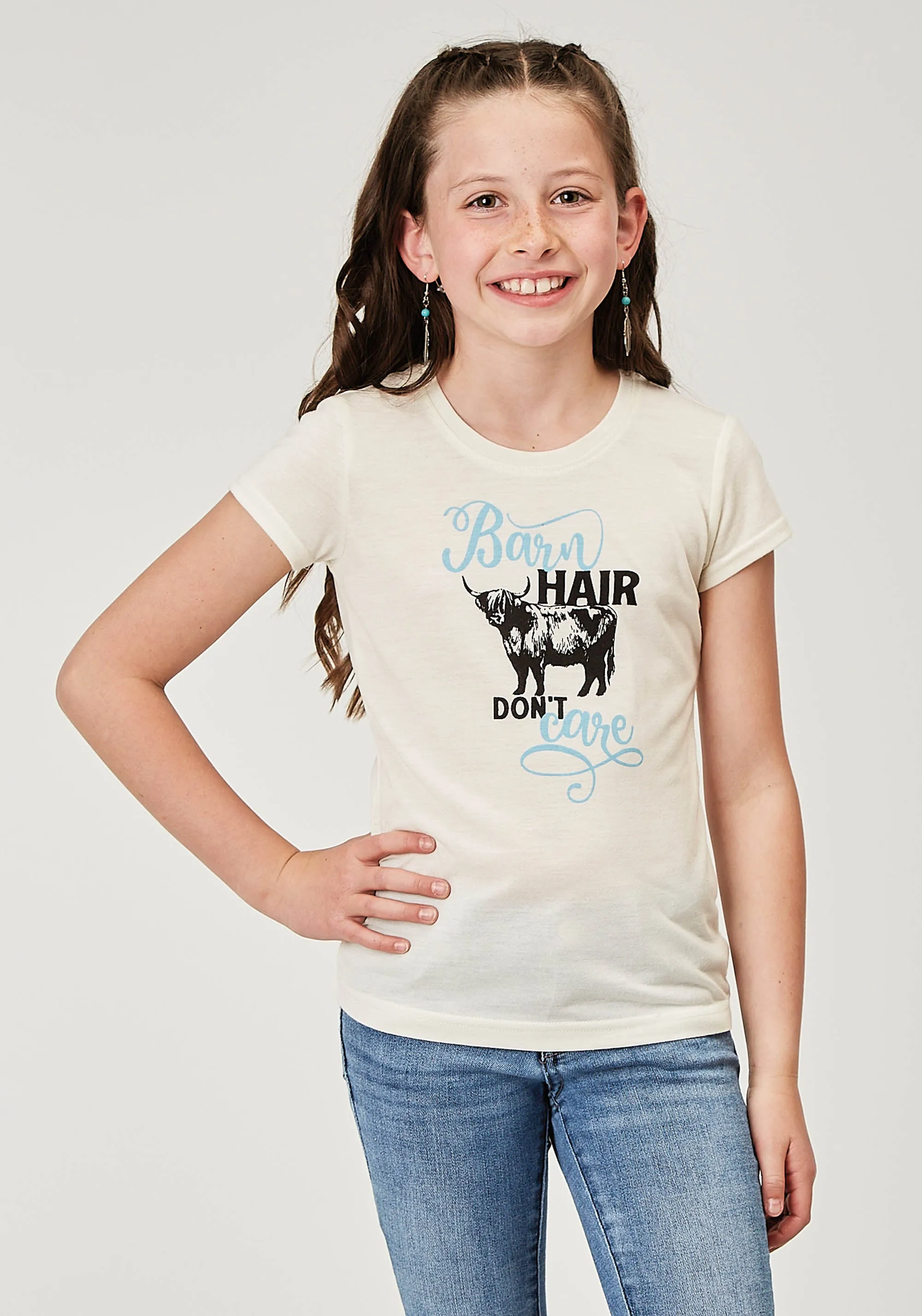 GIRLS SHORT SLEEVE POLY RAYON CREAM WESTERN T SHIRT WITH SCREEN PRINT DECORATION
