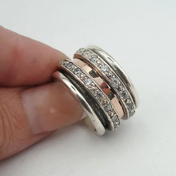 Hadar Designers 9k Rose Gold Sterling Silver CZ Swivel Ring Gift for Israeli Women