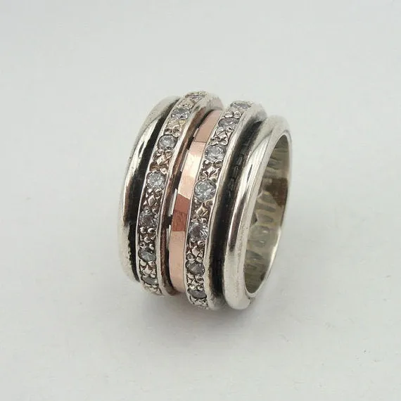 Hadar Designers 9k Rose Gold Sterling Silver CZ Swivel Ring Gift for Israeli Women