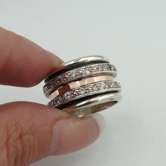 Hadar Designers 9k Rose Gold Sterling Silver CZ Swivel Ring Gift for Israeli Women