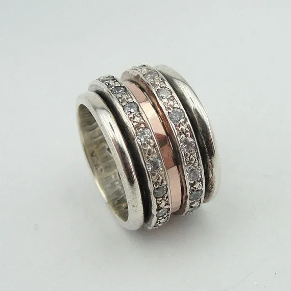 Hadar Designers 9k Rose Gold Sterling Silver CZ Swivel Ring Gift for Israeli Women