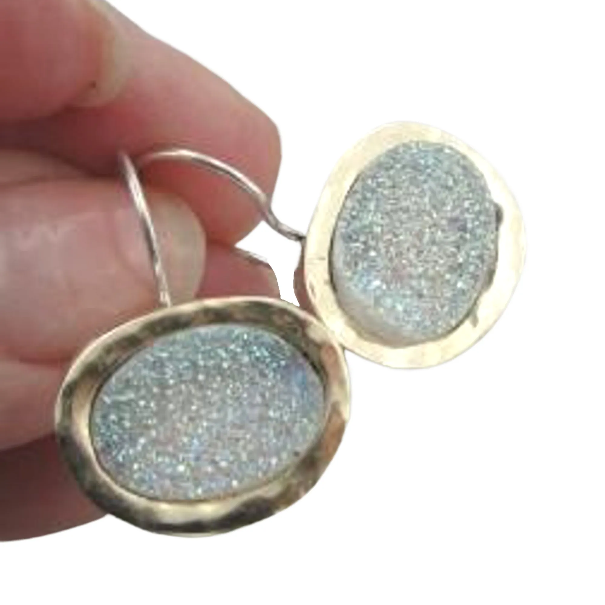 Hadar Designers 9k Yellow Gold 925 Silver Opal Druzy Earrings Handmade Israeli Jewelry