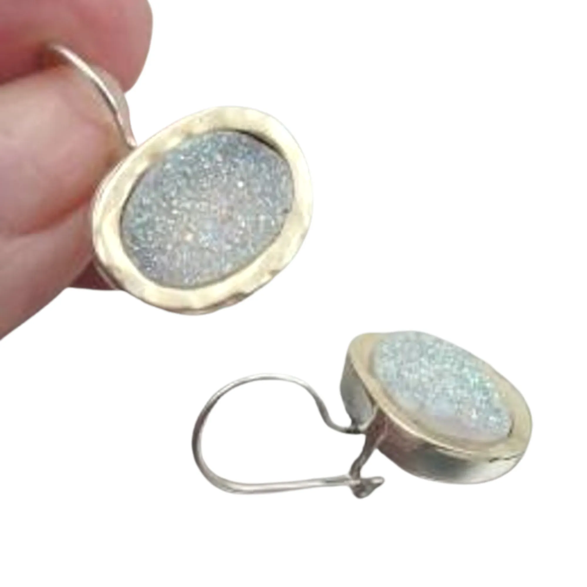 Hadar Designers 9k Yellow Gold 925 Silver Opal Druzy Earrings Handmade Israeli Jewelry