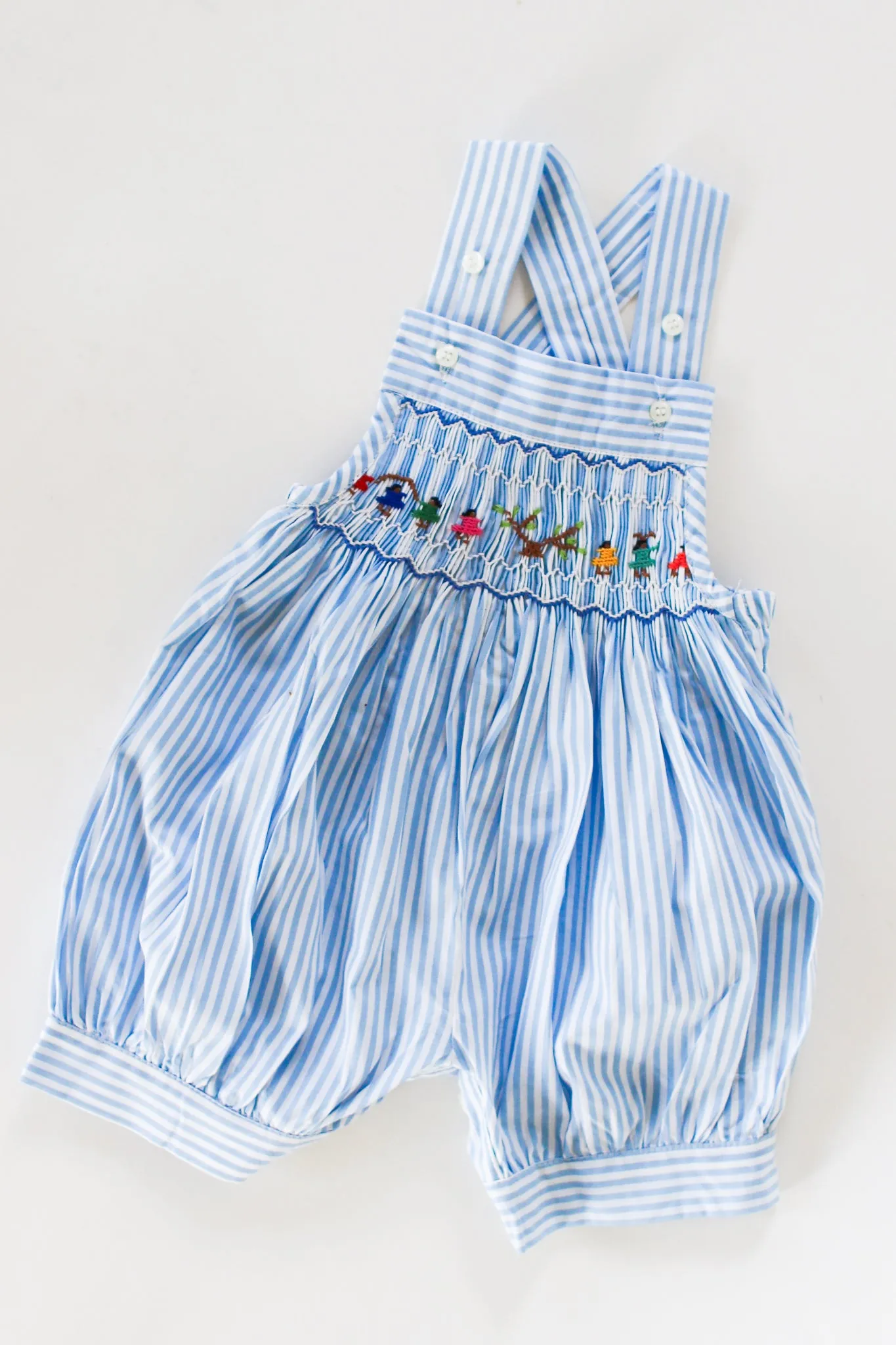 Hand-Smocked Romper Children Playing   Blue and White Stripe