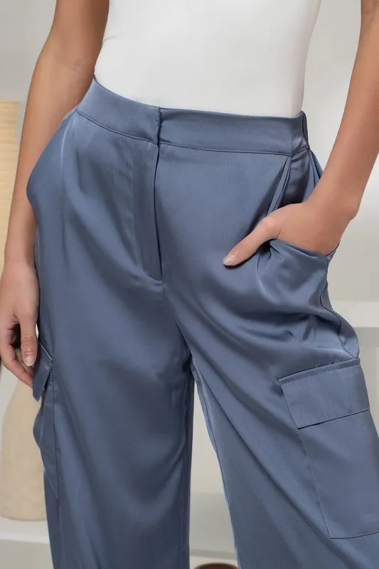 High Waist Satin Cargo Pants