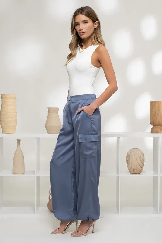 High Waist Satin Cargo Pants