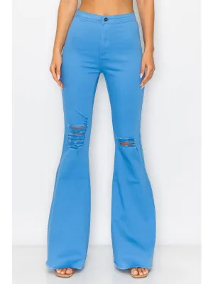 High Waisted Sky Blue Color Distressed Bell Bottom Jeans