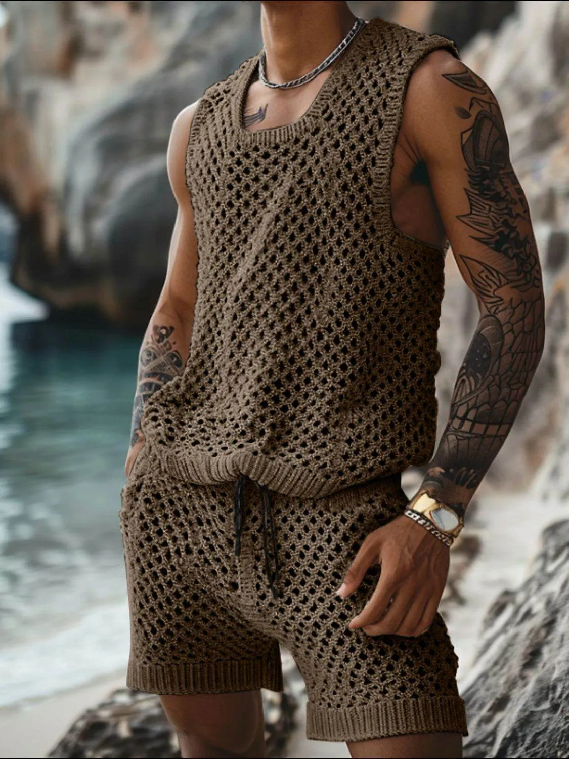 Hollow Out Round Neck Tank and Shorts Set