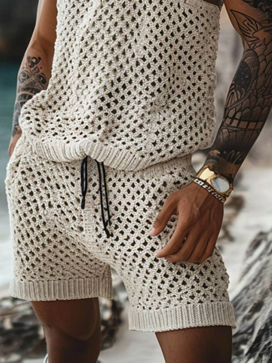 Hollow Out Round Neck Tank and Shorts Set