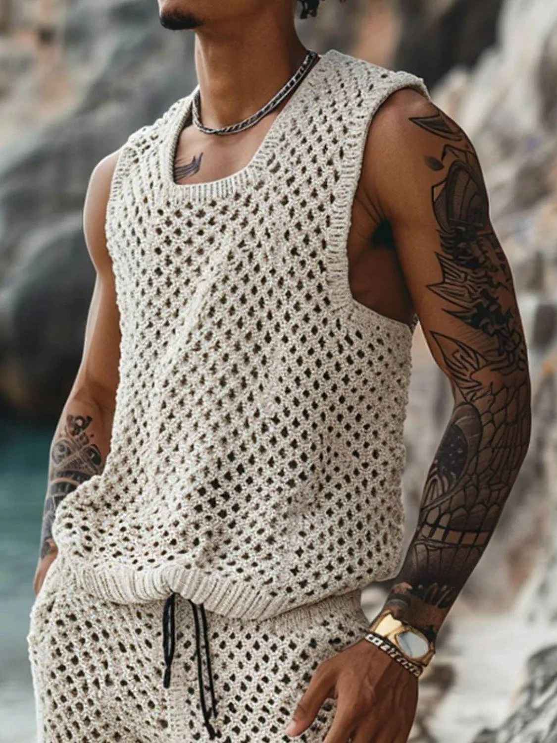 Hollow Out Round Neck Tank and Shorts Set